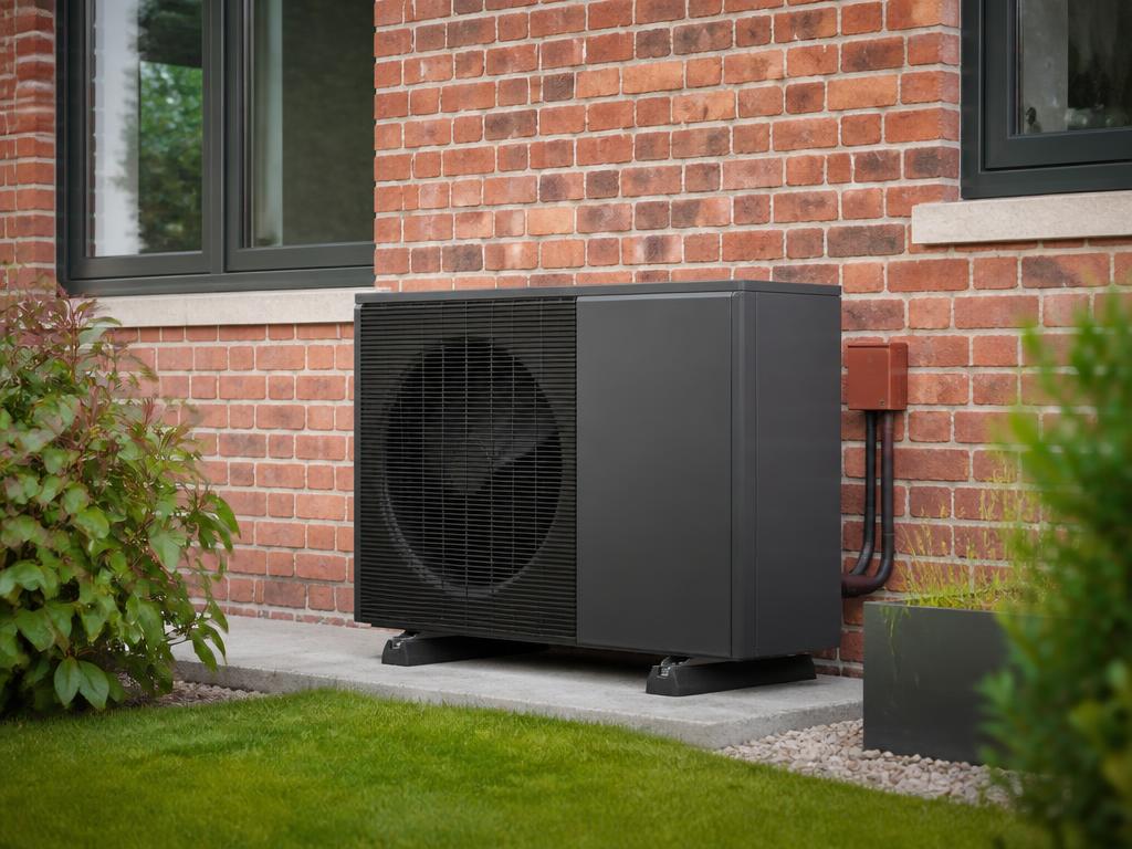Air source heat pump beside the brick wall of a British home