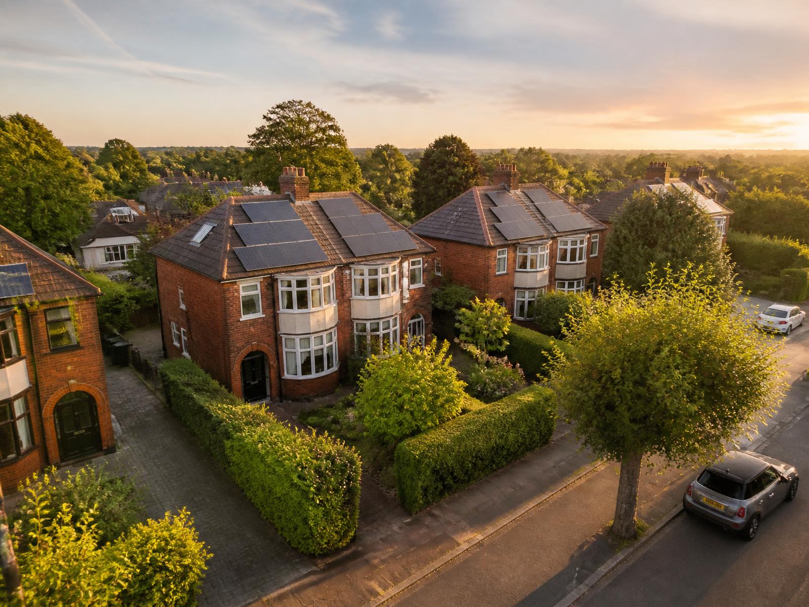 British residential street of brick semi-detached homes, several with rooftop solar panels, at golden hour